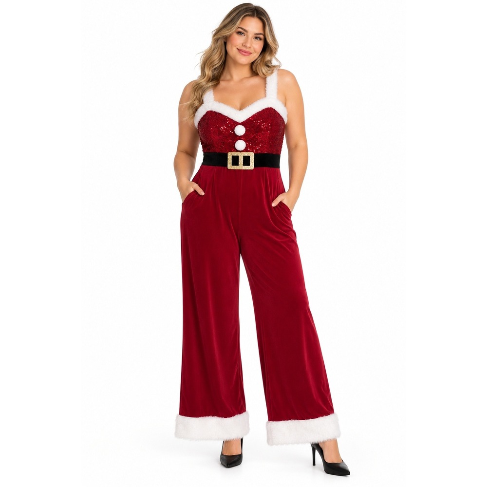 Santa Sequin Jumpsuit Large Red Velour Faux Fur Trim Christmas Costume Pockets
